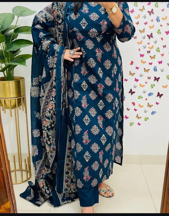 Navy Blue Printed Straight Kurta Set with Dupatta