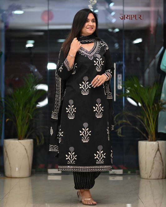 Elegant Black Embroidered Cotton Suit Set