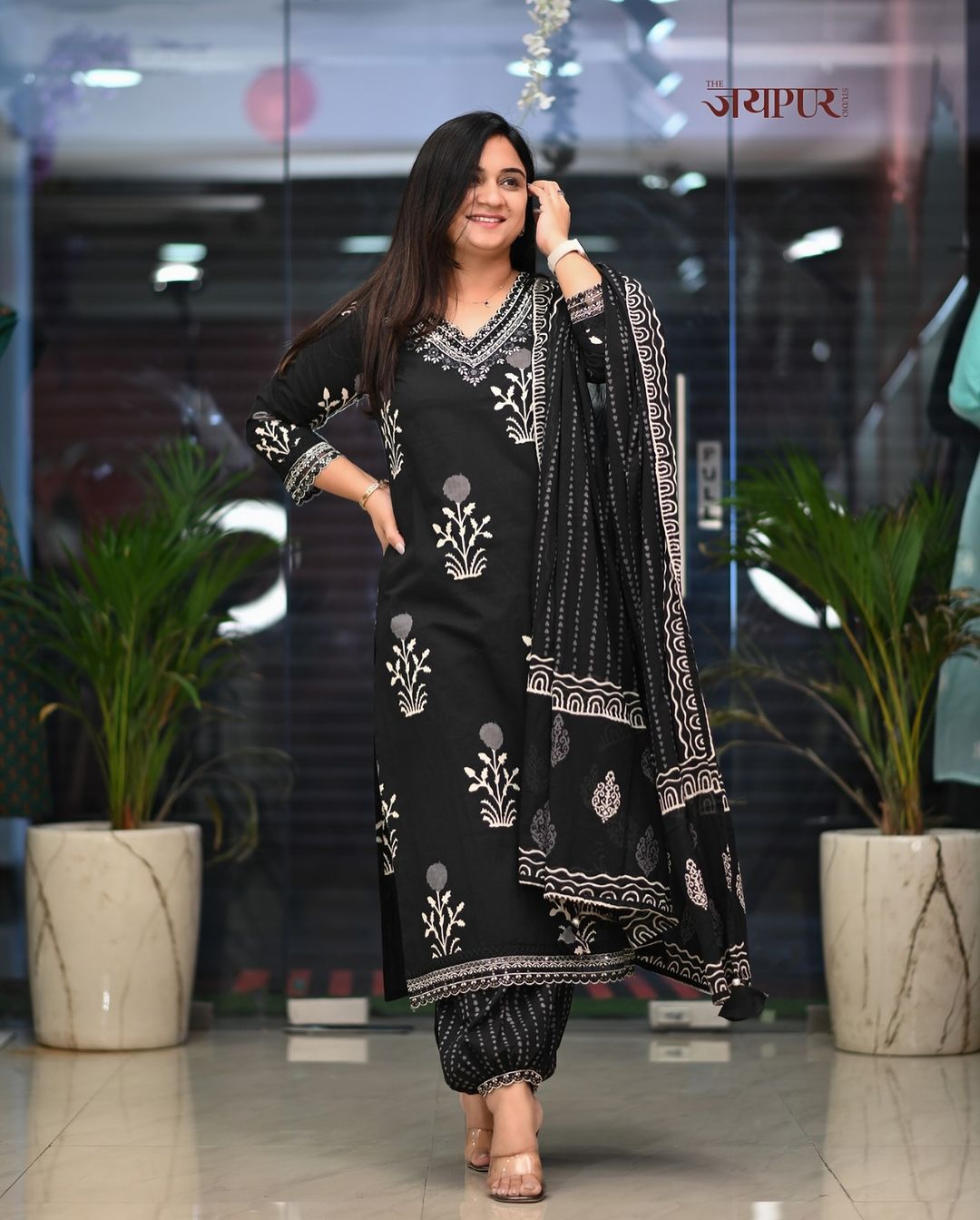 Elegant Black Embroidered Cotton Suit Set