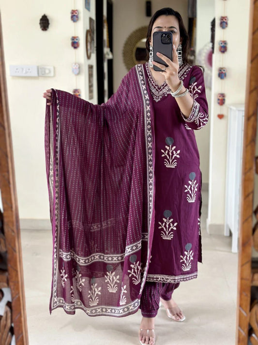 Elegant Purple Embroidered Cotton Suit Set