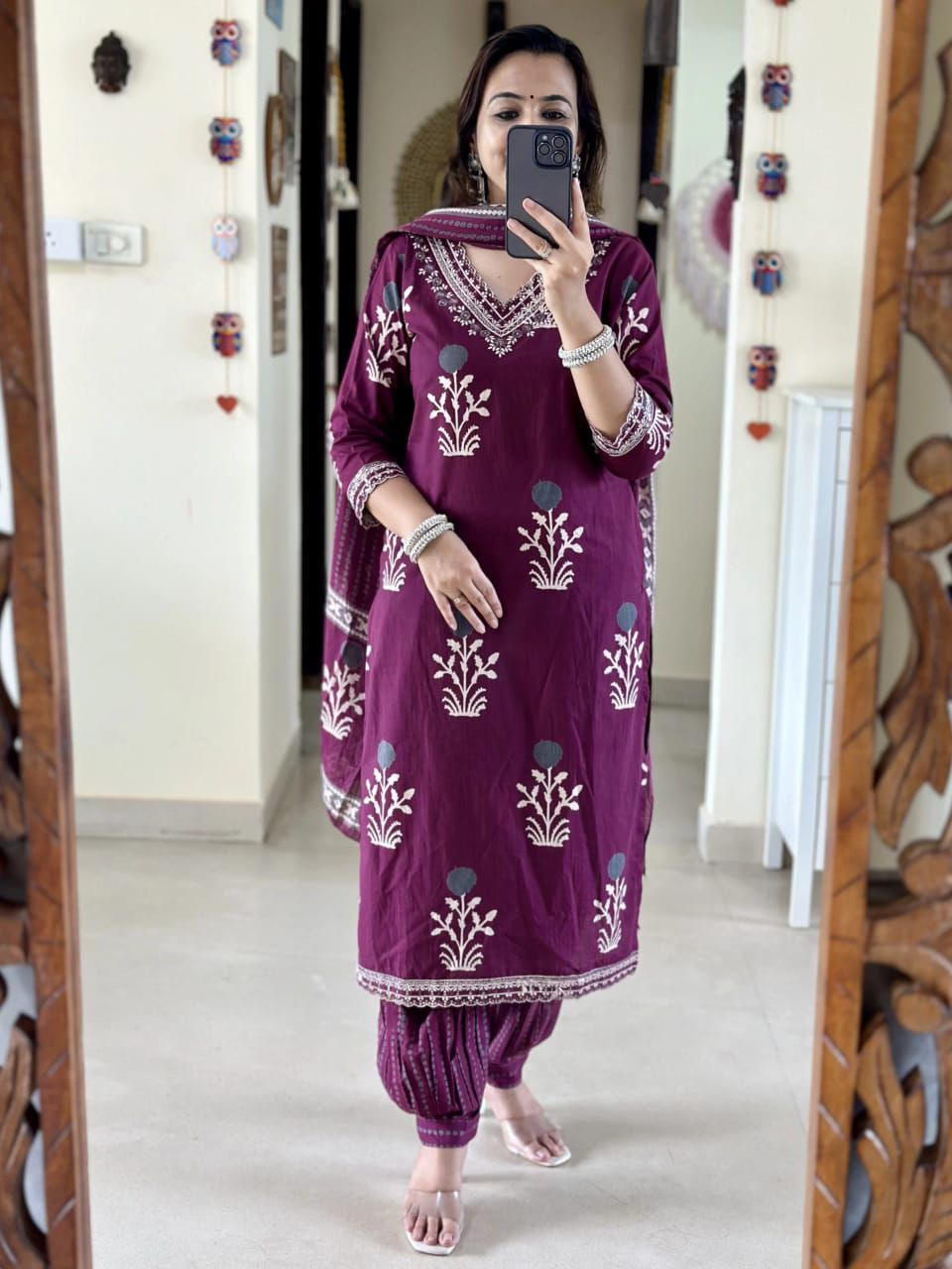 Elegant Purple Embroidered Cotton Suit Set