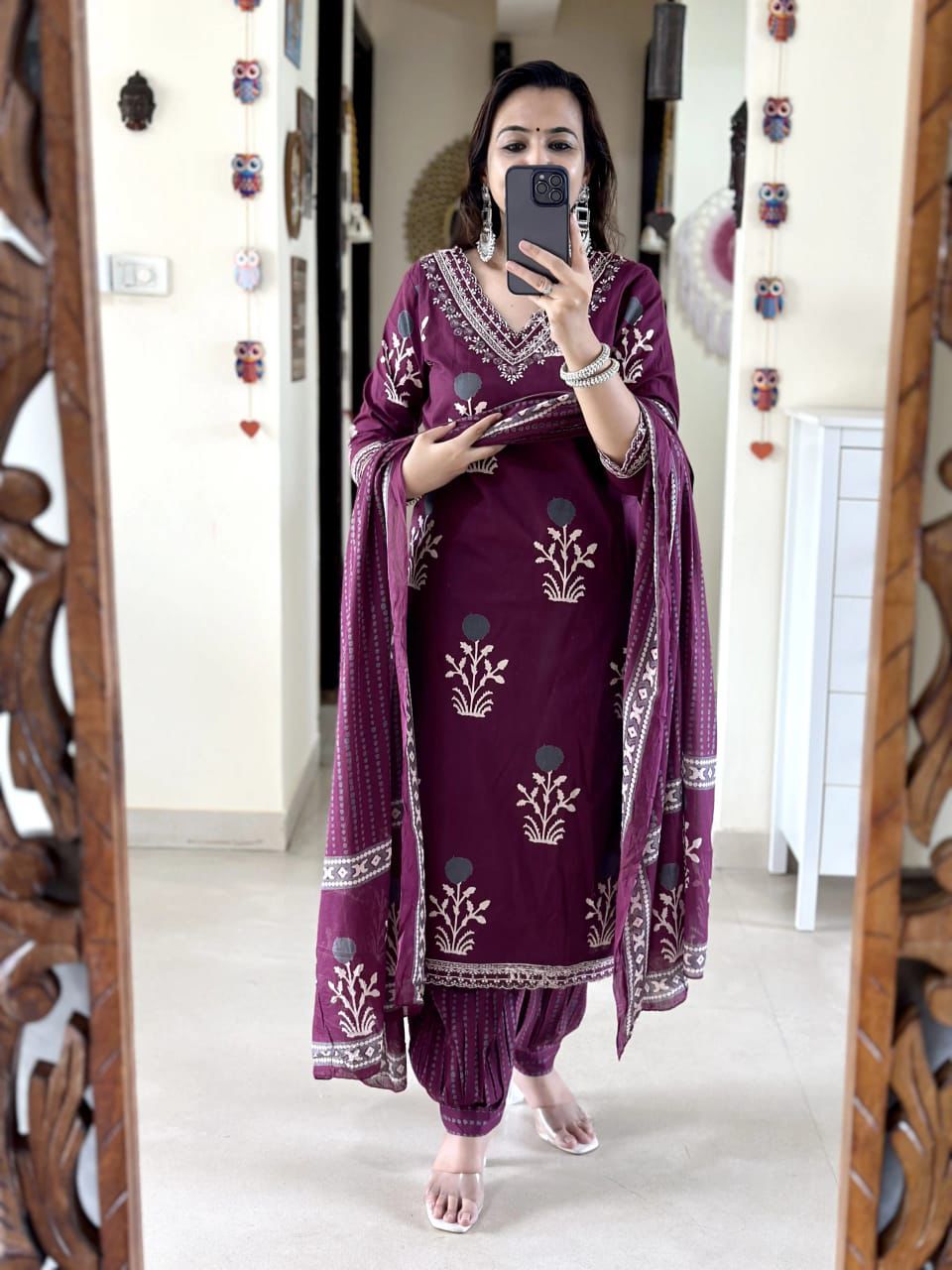 Elegant Purple Embroidered Cotton Suit Set