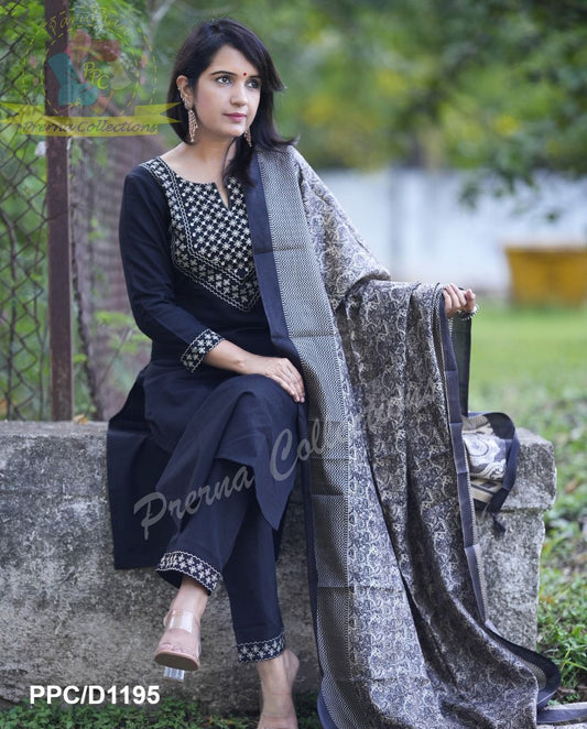 Black Cotton Suit Set with Handloom-Inspired Dupatta