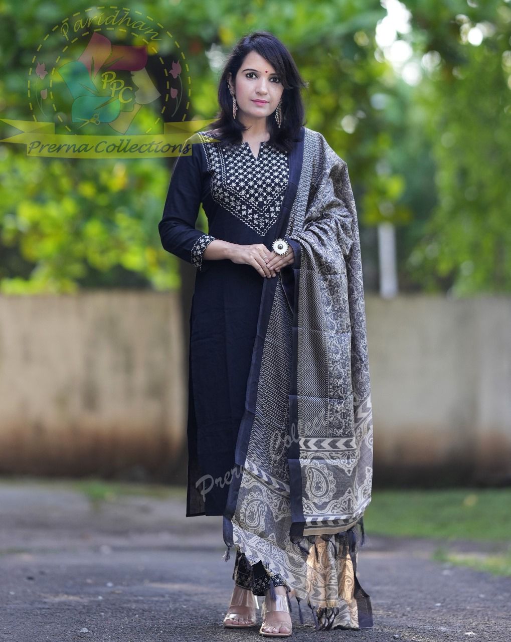 Black Cotton Suit Set with Handloom-Inspired Dupatta