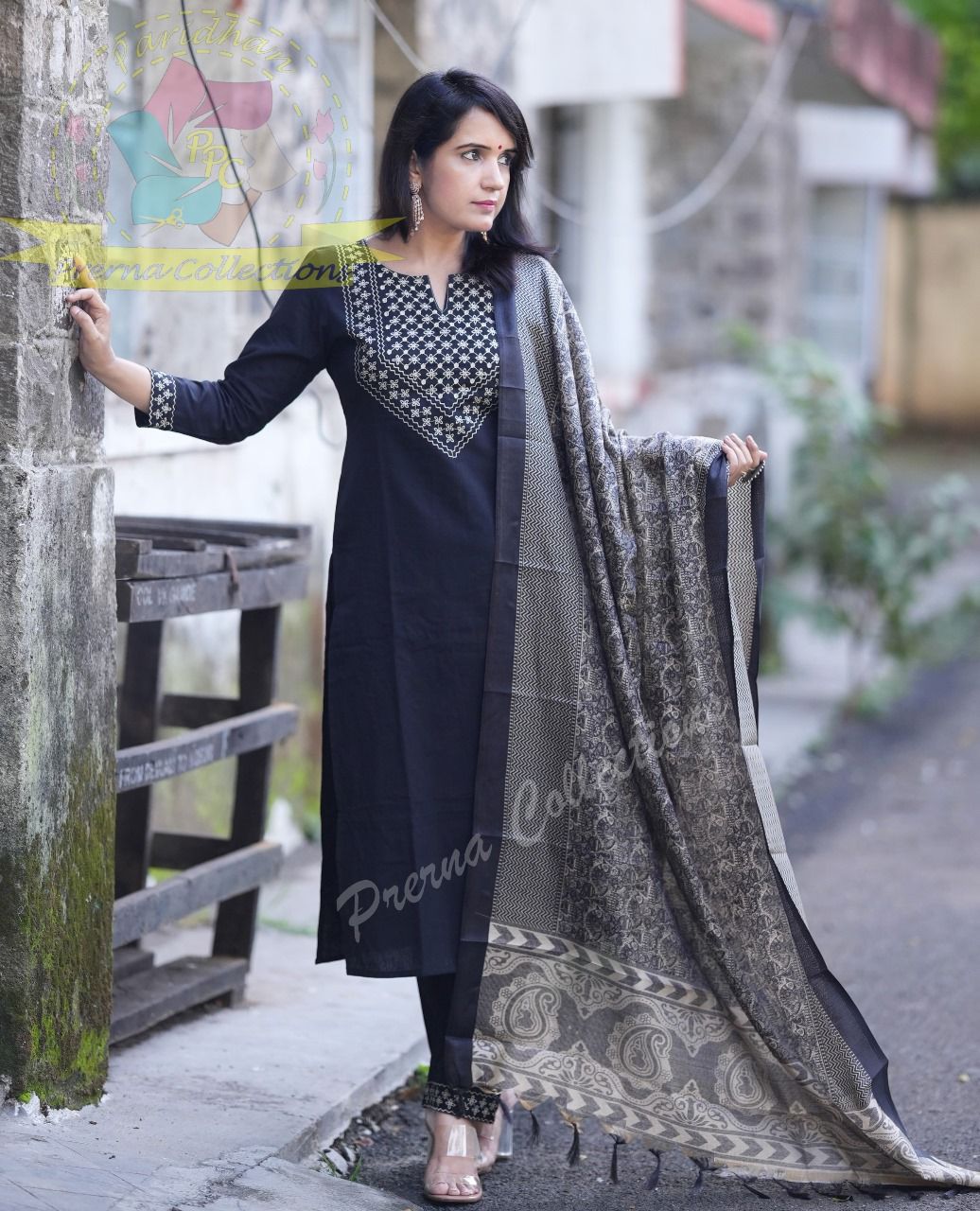 Black Cotton Suit Set with Handloom-Inspired Dupatta