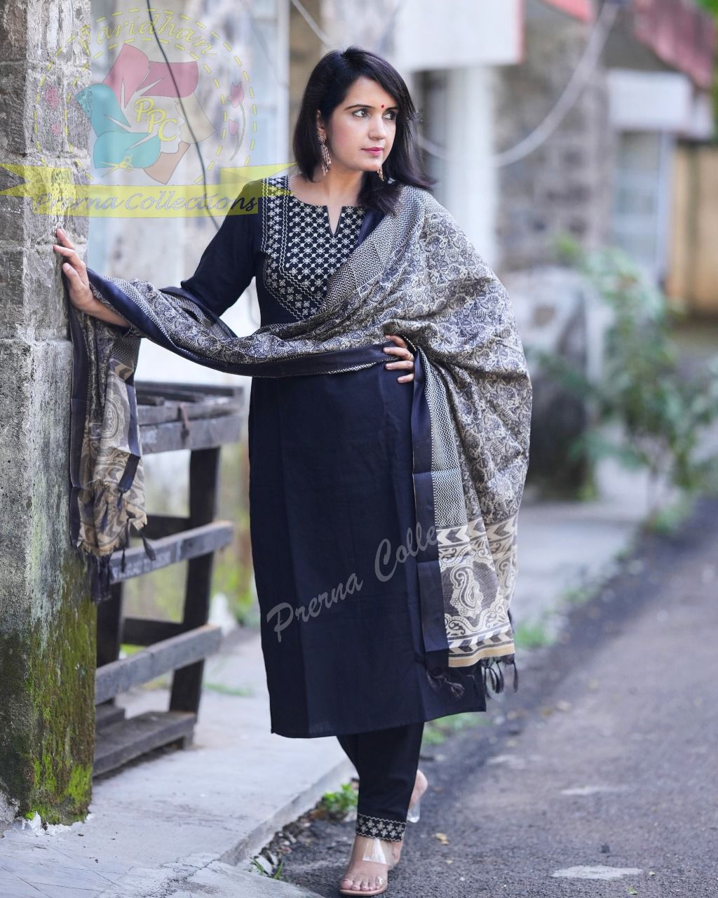 Black Cotton Suit Set with Handloom-Inspired Dupatta