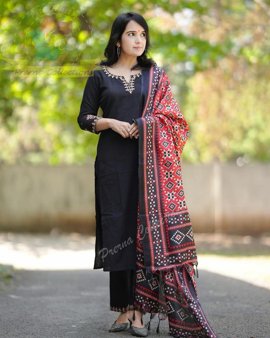 Black Cotton Suit Set with Traditional Ajrakh Dupatta