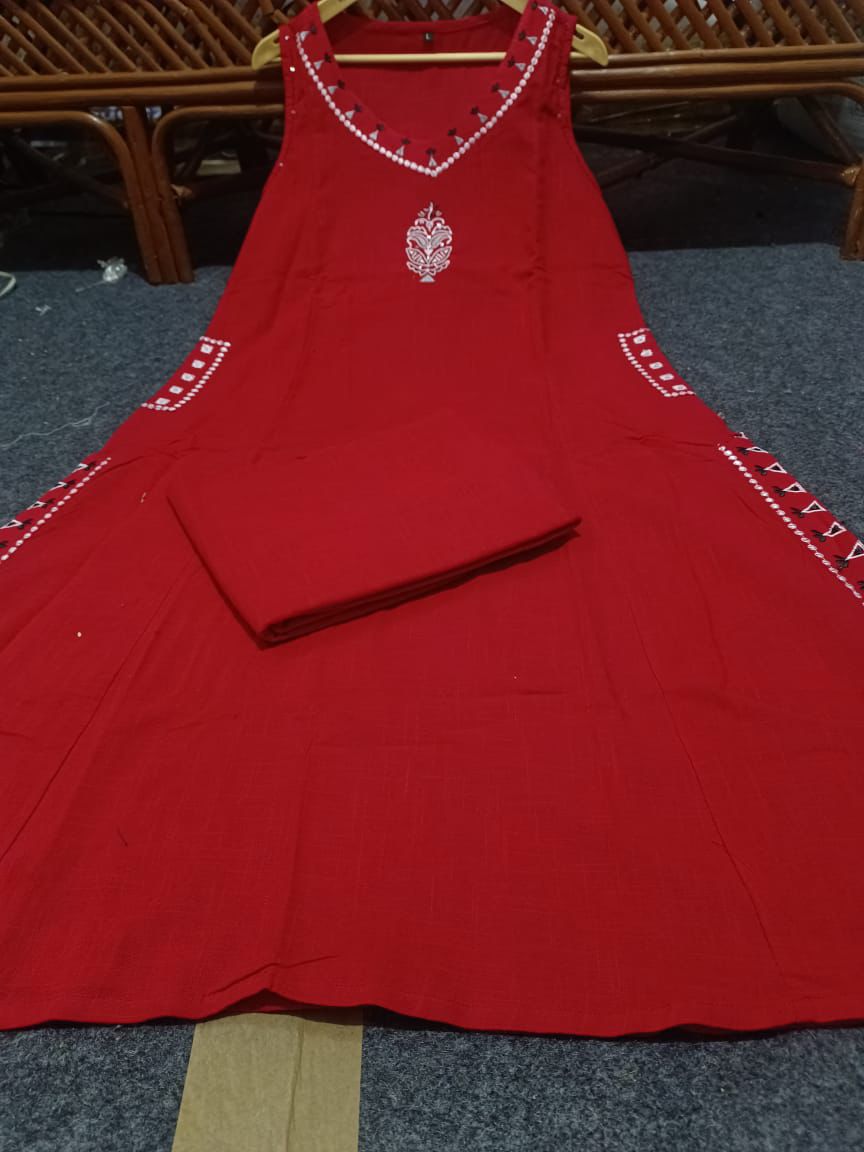 Sleeveless Maroon Embroidered Kurta Set with Pants