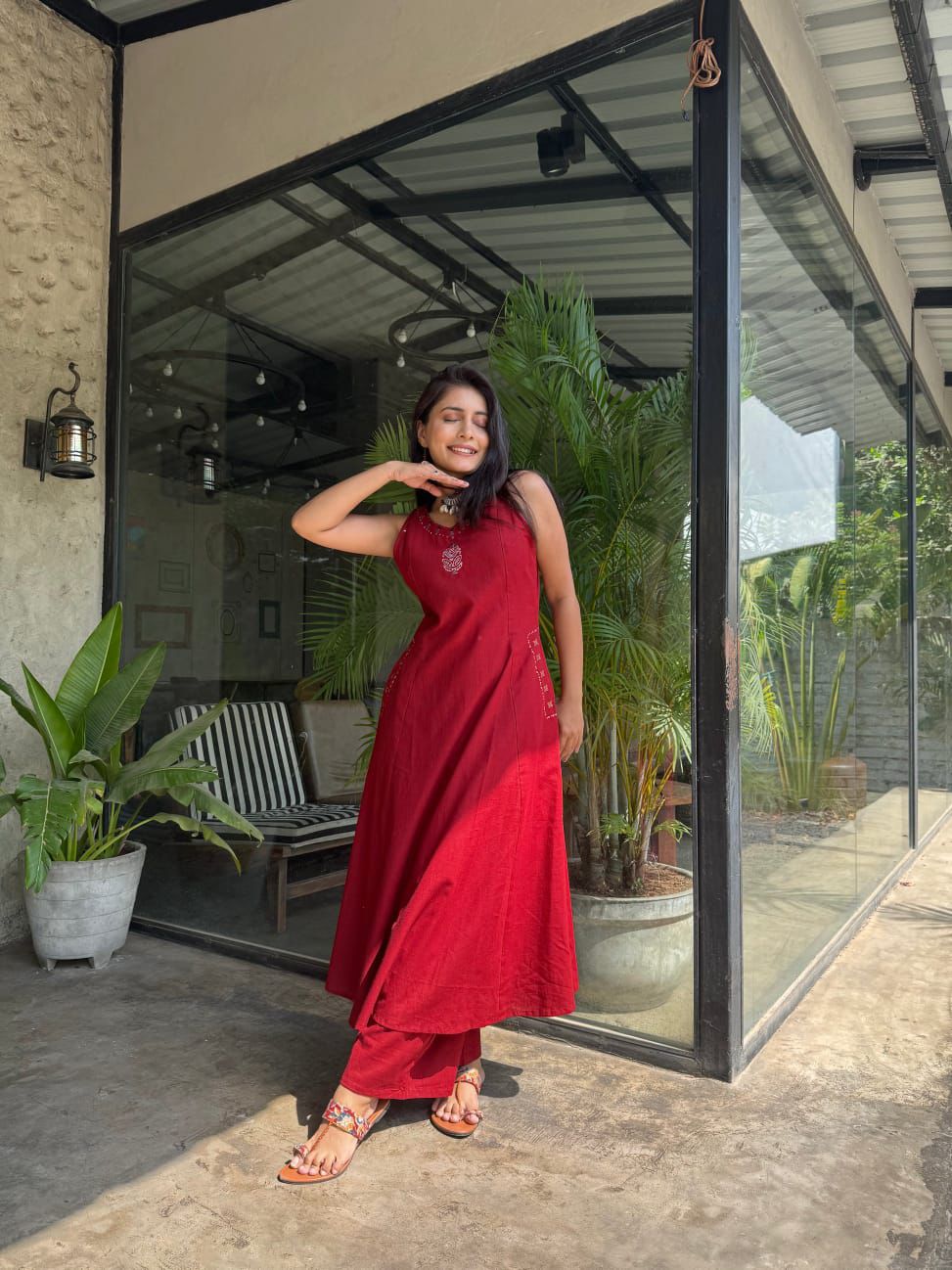Sleeveless Maroon Embroidered Kurta Set with Pants