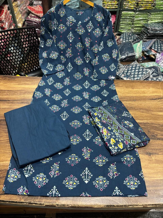 Navy Blue Printed Straight Kurta Set with Dupatta