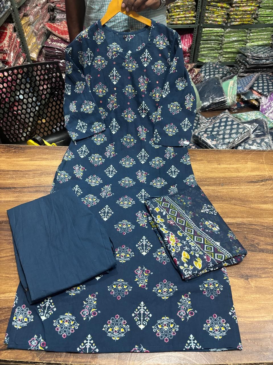 Navy Blue Printed Straight Kurta Set with Dupatta