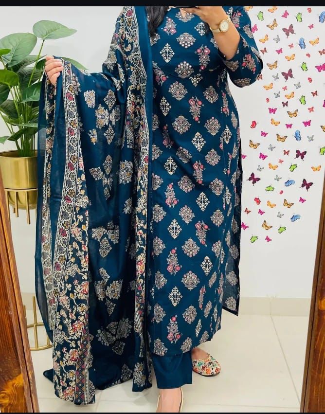 Navy Blue Printed Straight Kurta Set with Dupatta