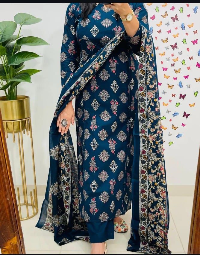 Navy Blue Printed Straight Kurta Set with Dupatta