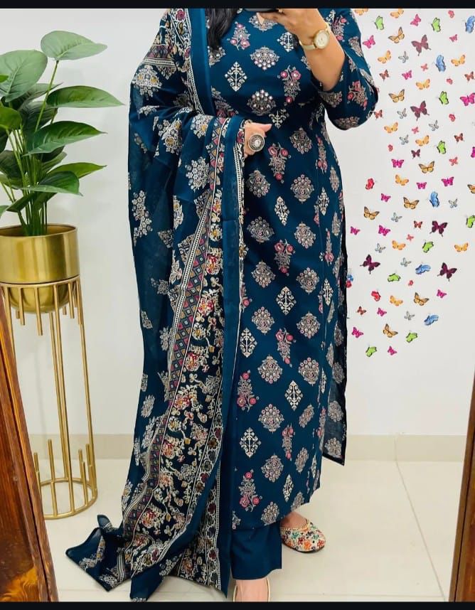 Navy Blue Printed Straight Kurta Set with Dupatta