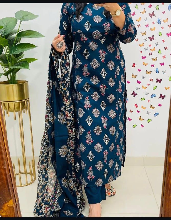 Navy Blue Printed Straight Kurta Set with Dupatta