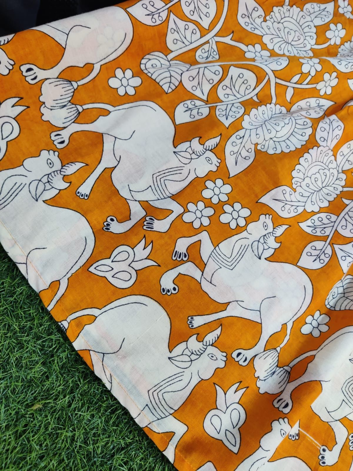 Orange Printed Sleeveless Flared Cotton Dress