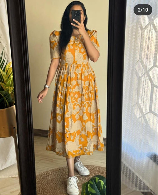 Orange Printed Sleeveless Flared Cotton Dress