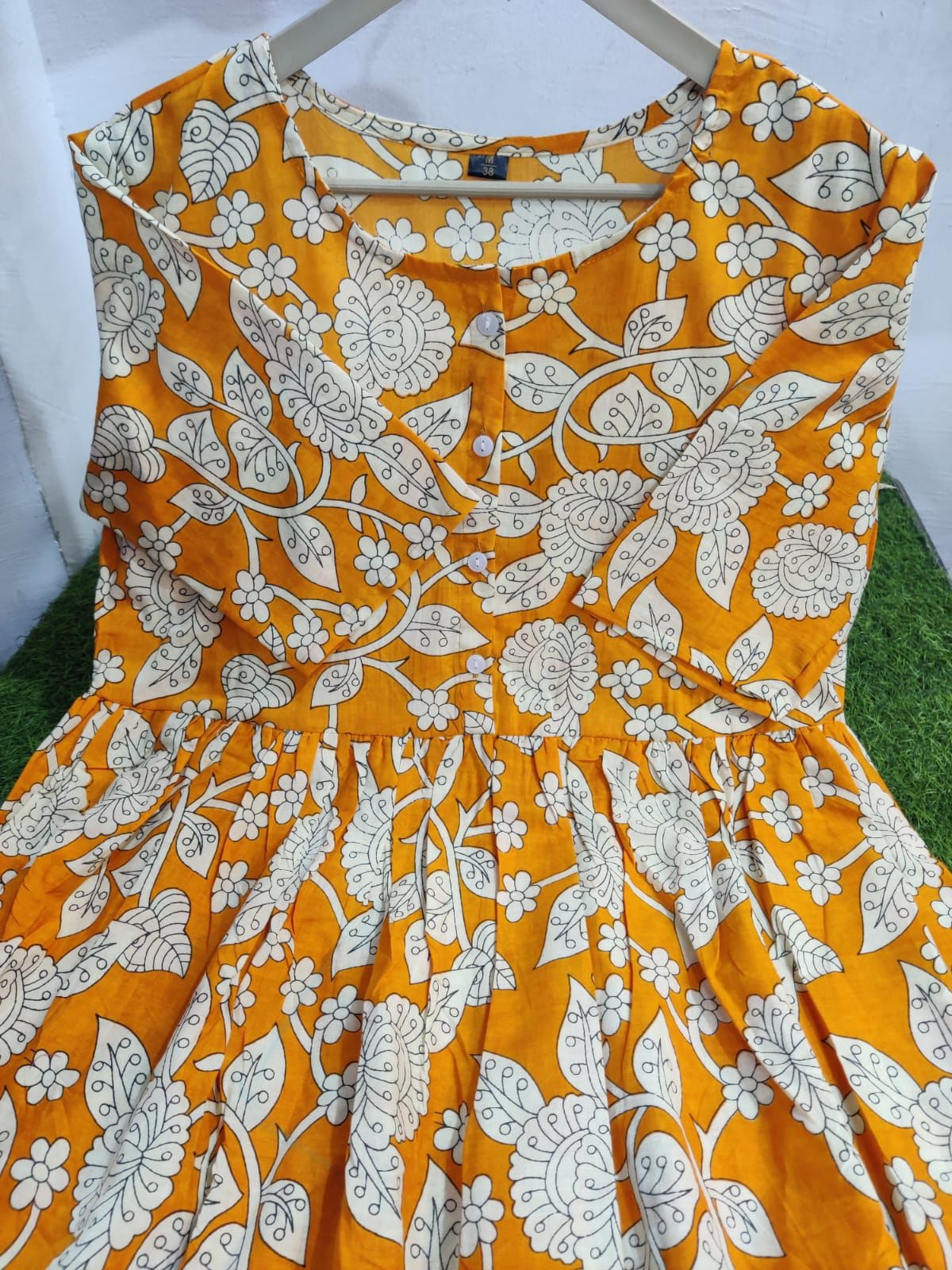 Orange Printed Sleeveless Flared Cotton Dress
