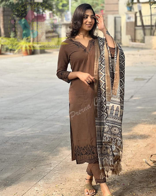 Brown Cotton Kurta Set with Printed Dupatta