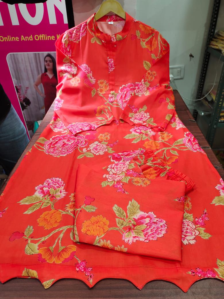 Bright Orange Floral Printed Kurta Pant Set