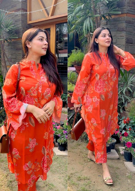 Bright Orange Floral Printed Kurta Pant Set