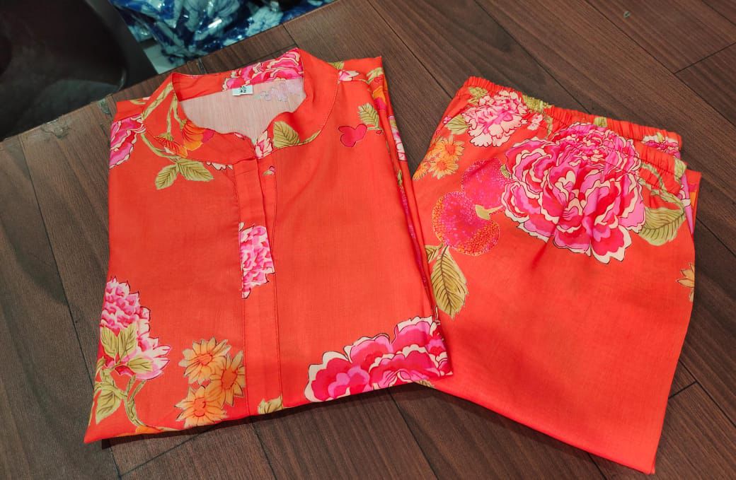Bright Orange Floral Printed Kurta Pant Set