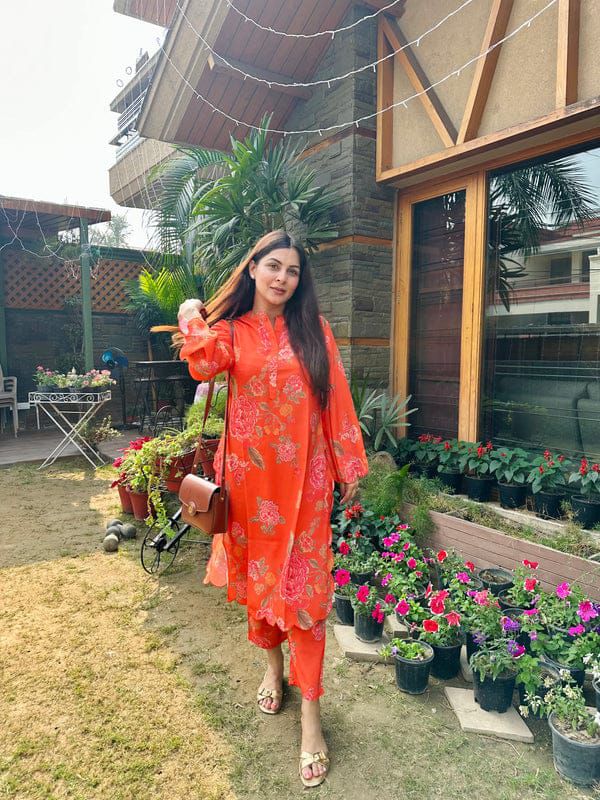 Bright Orange Floral Printed Kurta Pant Set